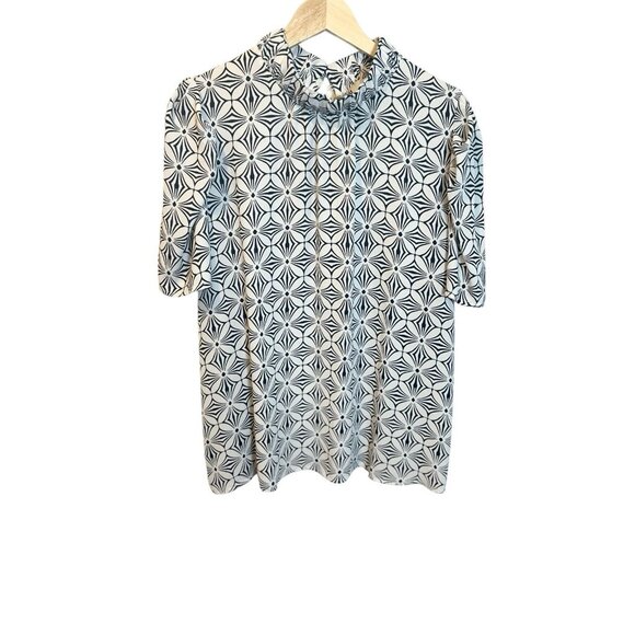 Loft Navy And White Geometric Design Short Sleeve Blouse XL Key Hole Mock Neck - Picture 2 of 8